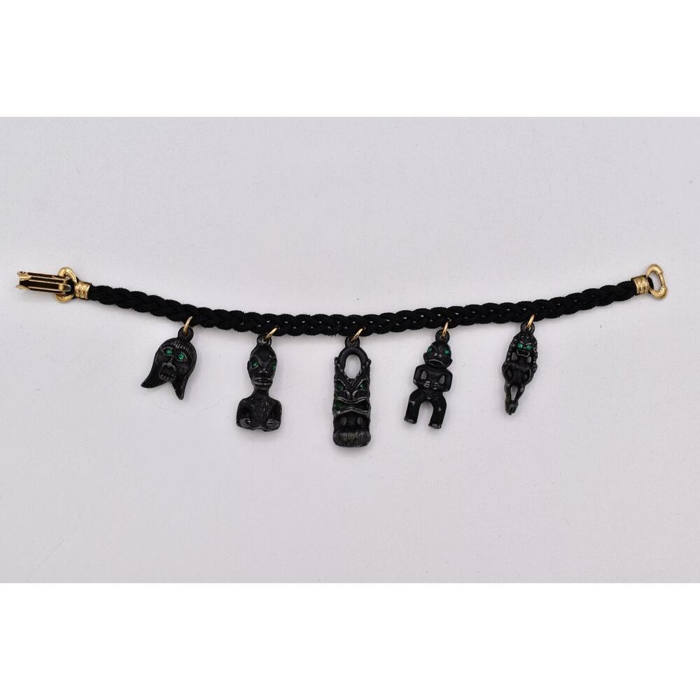 Vintage Tiki Charm Bracelet Black Cord Tribal Mask Green Eyes Polynesian BinBR
